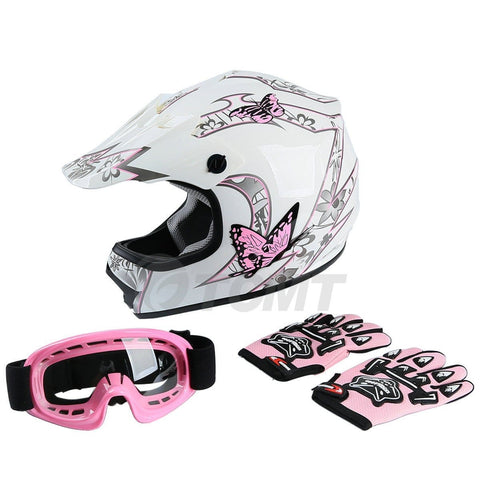 TCMT Dot Youth & Kids Motocross Offroad Street Helmet Pink Butterfly Motorcycle Youth Helmet Dirt Bike Motocross ATV Helmet+Goggles+Gloves L