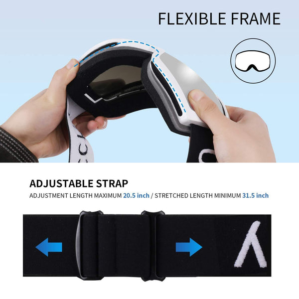 Occffy Ski Goggles Snowboard Sports OTG Goggles, UV Protection Skiing Goggles with Anti Fog for Mens Womens Youth Helmet Compatible HX001 (HX001 White Frame with Silver Lens(VLT11%))