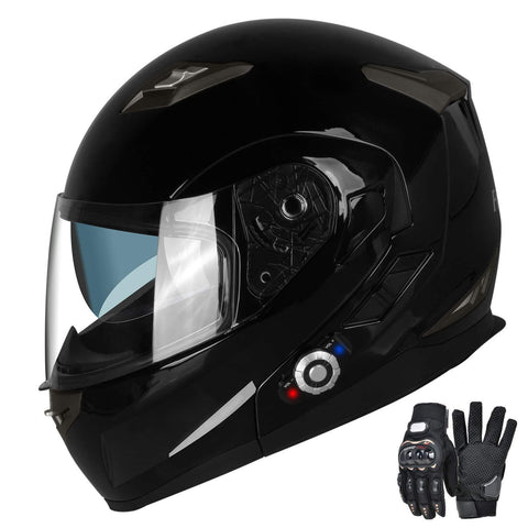 Motorcycle Bluetooth Helmets,FreedConn Flip up Dual Visors Full Face Helmet,Built-in Integrated Intercom Communication System(Range 500M,2-3Riders Pairing,FM radio,Waterproof,M,Gloss Black)