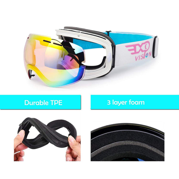 EXP VISION Snowboard Ski Goggles for Men Women and Youth, Over Glasses Skiing Snowboard Goggles with Anti Fog and UV400 Protection Dual Lenses Snow Goggles