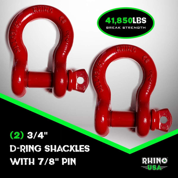 Rhino USA D Ring Shackle (2 Pack) 41,850lb Break Strength - 3/4" Shackle with 7/8 Pin for use with Tow Strap, Winch, Off-Road Jeep Truck Vehicle Recovery, Best Offroad Towing Accessories (RED Gloss)