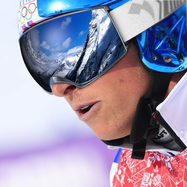 WhiteFang Ski Goggles, Over Glasses OTG Snow/Snowboard Goggles for Men Women & Youth, Anti-Fog Dual Layer Lens & 100% UV400 Protection (Bright Silver Frame-Silver Lens VLT 7%)