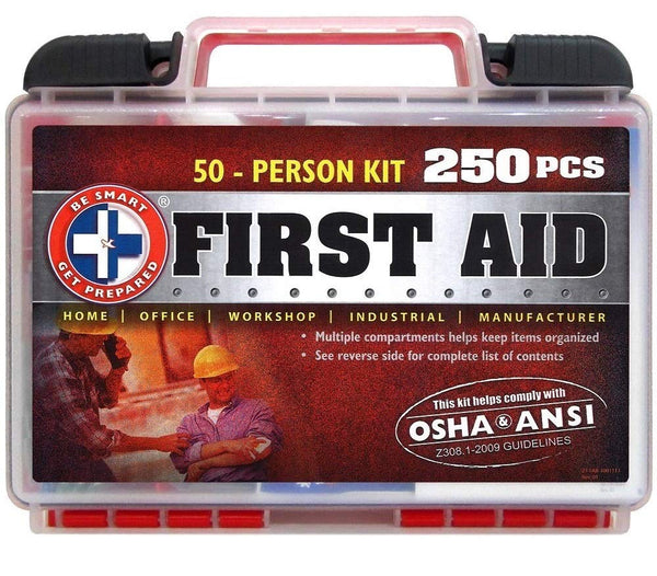 "Be Smart Get Prepared 250Piece First Aid Kit, Exceeds OSHA Ansi Standards for 50 People - Office, Home, Car, School, Emergency, Survival, Camping, Hunting, Sports"