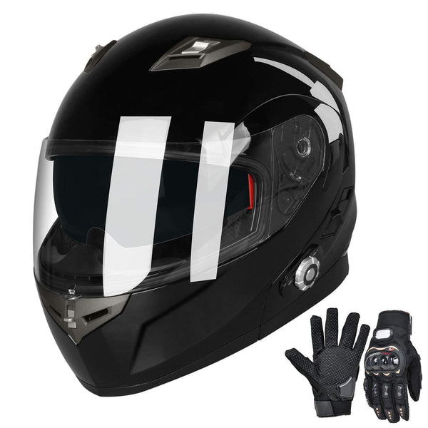 Motorcycle Bluetooth Helmets,FreedConn Flip up Dual Visors Full Face Helmet,Built-in Integrated Intercom Communication System(Range 500M,2-3Riders Pairing,FM radio,Waterproof,M,Gloss Black)