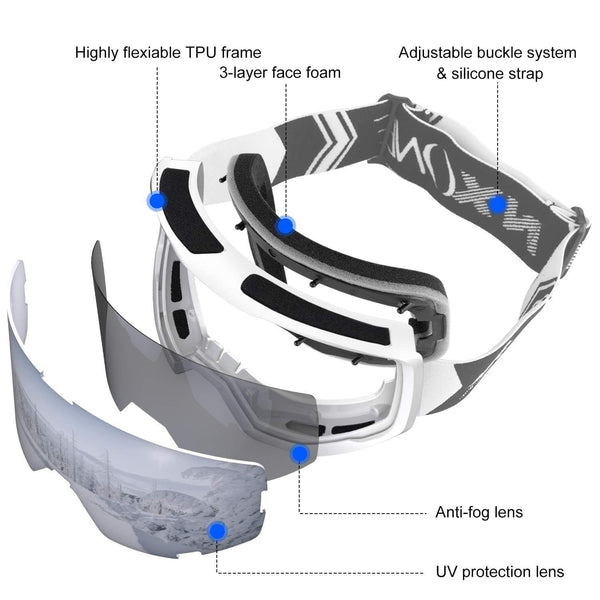 NXONE Ski Goggles for Men and Women, Anti-Fog Over Glasses Snowboard Goggles with UV Protection, Windproof Helmet Compatible Dual Lens Goggles-100% UV Protection
