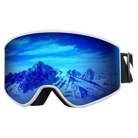 VELAZZIO OTG Ski Goggles, Snowboard Goggles - Double Layer Interchangeable Lens, UV Protection, Anti-Fog, Snow Goggles for Men & Women (White Frame/Grey Lens with REVO Blue Coating (VLT 17%))
