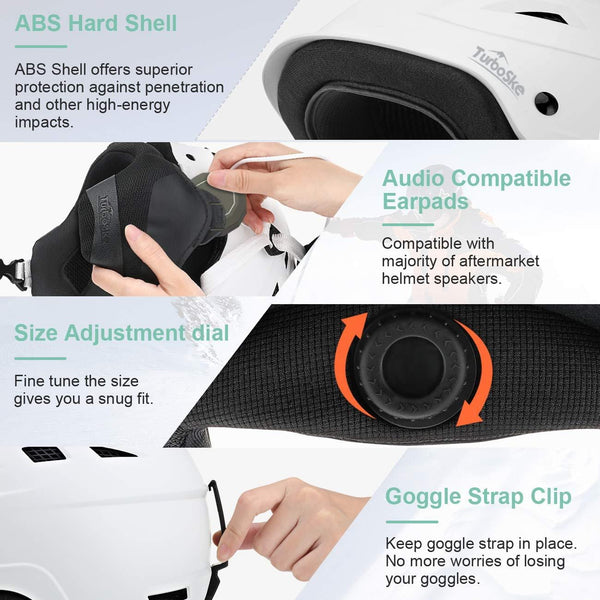 TurboSke Ski Helmet, Snowboard Helmet, Snow Sports Helmet for Men Women and Youth (White, M)