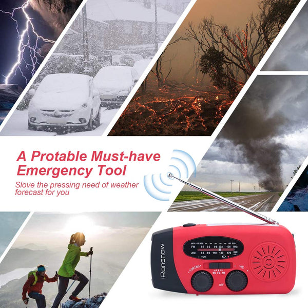 (Classic Creator) iRonsnow Solar Emergency NOAA Weather Radio Dynamo Hand Crank Self Powered AM FM WB Radios 3 LED Flashlight 1000mAh Smart Phone Charger Power Bank(Red)
