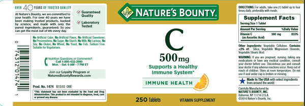 Nature's Bounty Vitamin C, Supports a Healthy Immune System, 500 mg, 250 Tablets