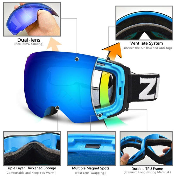 ZIONOR X4 Ski Snowboard Snow Goggles Magnet Dual Layers Lens Spherical Design Anti-Fog UV Protection Anti-Slip Strap for Men Women (VLT 13.67% Blue Frame Revo Blue Lens)