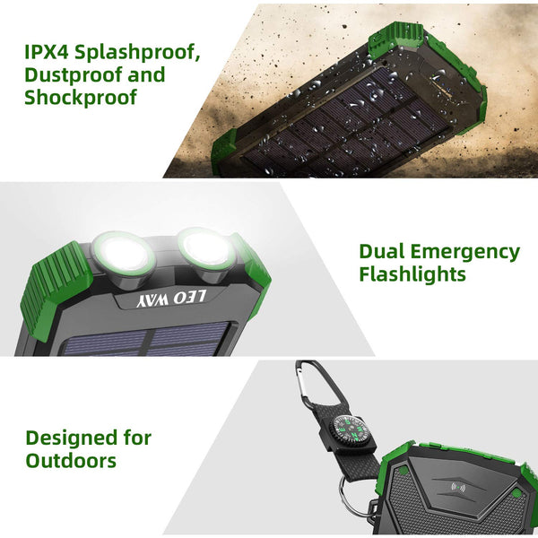 Solar Charger 10000mAh, Portable Solar Power Bank IPX4 Splashproof Outdoor Travel Qi Wireless Solar Panel Charging External Battery Pack with DC5V/2.1A USB Output/Type-C Input/Dual Flashlight/Compass
