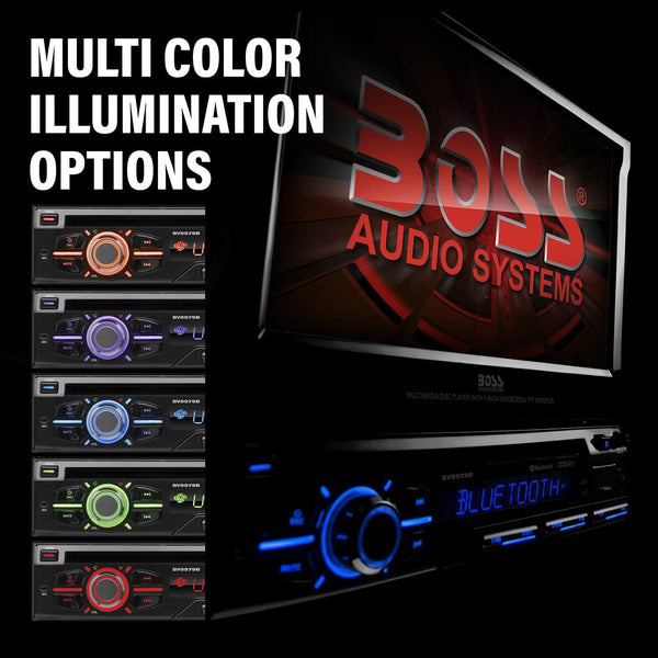 BOSS Audio Systems BV9979B Car DVD Player - Single Din, Bluetooth Audio & Hands-Free Calling, Multi-color Illumination, DVD, CD, MP3, USB, SD Aux-in, AM/FM Radio Receiver, 7 Inch LCD Touchscreen