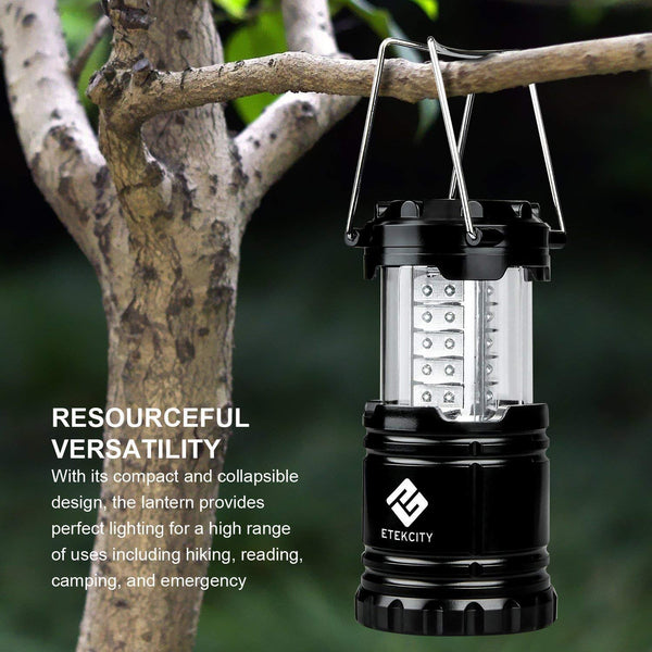Etekcity 4 Pack LED Camping Lantern Portable Flashlight with 12 AA Batteries - Survival Kit for Emergency, Hurricane, Power Outage (Black, Collapsible) (CL10)