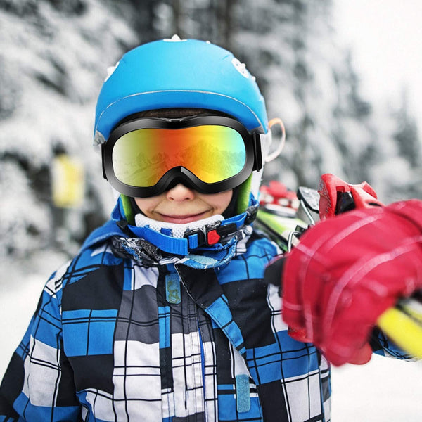 VELAZZIO Kids Ski Goggles, Snowboard Goggles OTG Snow Goggles Anti-Fog Double-Layer Lenses, 100% UV Protection (Black Frame/Grey Lens with REVO Red Coating (VLT 15%))