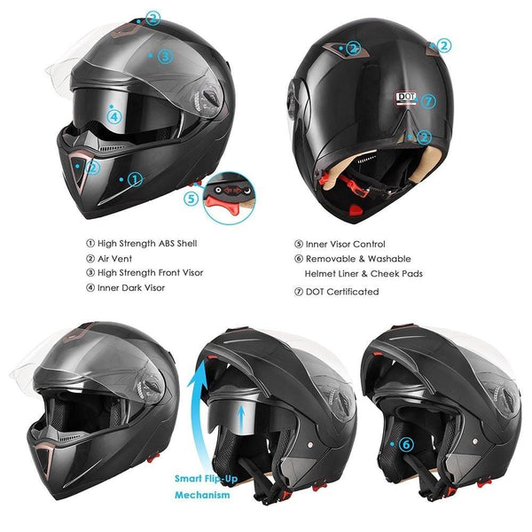 AHR Full Face Flip up Modular Motorcycle Helmet DOT Approved Dual Visor Motocross Black M