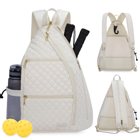 Sucipi Pickleball Bag for Women, Pickleball Backpack with Fence Hook Reversible Quilted Crossbody Sling Bag Tennis Bag Backpack Pickle Ball Paddle Bag-Holds Paddles, Pickleballs Accessories
