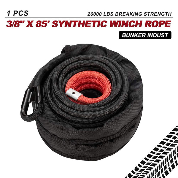 BUNKER INDUST Synthetic Winch Rope 3/8" x 85', 26000 Ibs Winch Cable Line with Winch Jacket Rope and Sleeve Protection for 4WD Off Road Jeep ATV UTV SUV Truck Motorcycle,1 Pcs Winch Rope Extension