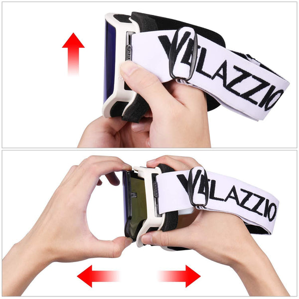 VELAZZIO OTG Ski Goggles, Snowboard Goggles - Double Layer Interchangeable Lens, UV Protection, Anti-Fog, Snow Goggles for Men & Women (White Frame/Grey Lens with REVO Blue Coating (VLT 17%))