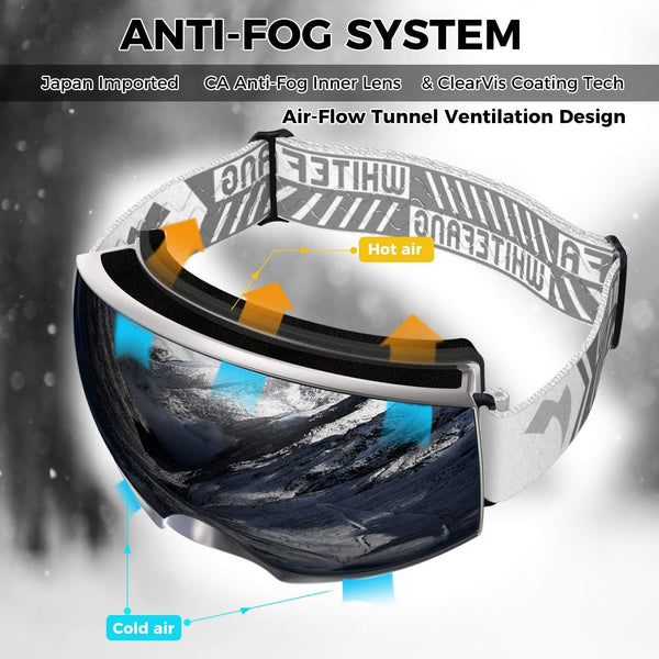 WhiteFang Ski Goggles, Over Glasses OTG Snow/Snowboard Goggles for Men Women & Youth, Anti-Fog Dual Layer Lens & 100% UV400 Protection (Bright Silver Frame-Silver Lens VLT 7%)