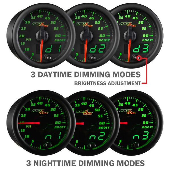 MaxTow Double Vision 1500 F Pyrometer Exhaust Gas Temperature EGT Gauge Kit - Includes Type K Probe - Black Gauge Face - Green LED Dial - Analog & Digital Readouts - for Diesel Trucks - 2-1/16" 52mm