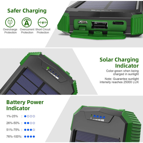 Solar Charger 10000mAh, Portable Solar Power Bank IPX4 Splashproof Outdoor Travel Qi Wireless Solar Panel Charging External Battery Pack with DC5V/2.1A USB Output/Type-C Input/Dual Flashlight/Compass