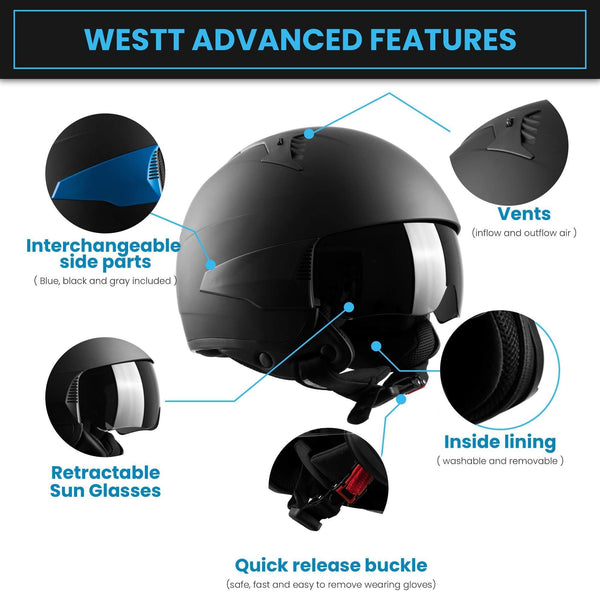 Westt Rover Open Face Motorcycle Helmet DOT Approved with Sunshield + 3 Interchangeable Side Parts