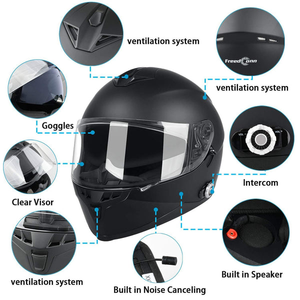 Bluetooth Integrated Motorcycle Helmet, FreedConn DOT Full Face BM12 Communication System Motorcycle Helmet with 500m FM radio/ MP3, 2-3 Riders Pairing Intercom (Matte Black, XL)