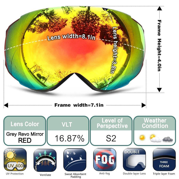 ZIONOR X6 Ski Snowboard Snow Goggles OTG for Men Women Youth Anti-Fog UV Protection Helmet Compatible (VLT 25.4% Red Frame Revo Red Lens)