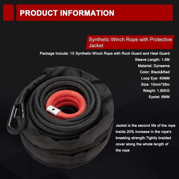 BUNKER INDUST Synthetic Winch Rope 3/8" x 85', 26000 Ibs Winch Cable Line with Winch Jacket Rope and Sleeve Protection for 4WD Off Road Jeep ATV UTV SUV Truck Motorcycle,1 Pcs Winch Rope Extension