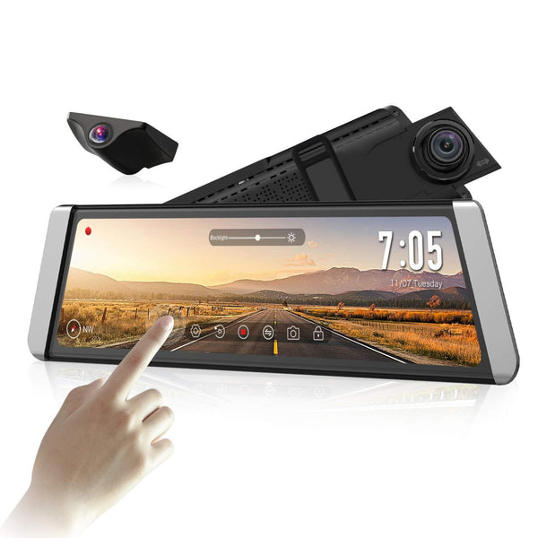 AUTO-VOX Upgrade Mirror Dash Cam Backup Camera Kit Dual Lens 9.88" Full Touch Screen Stream Media AHD Reverse Camera,1296P FHD Front Camera, and 720P Rear View Recorder Dash Camera with LDWS, GPS