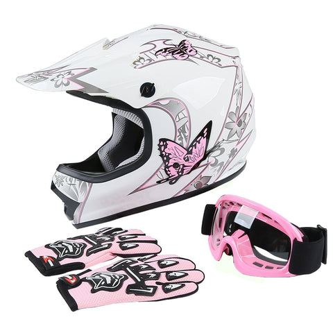 TCT-MT DOT Helmet+Goggles +Gloves Youth Kids Helmet Pink Butterfly Dirt Bike Motocross Offroad Street Helmet Motorcycle (Large)
