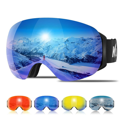 KUYOU Ski Goggles Men Women, Large Spherical Frameless Snow Goggles Interchangeable Lens OTG Double Lens Snowboard Goggles Anti-Fog Shatterproof 90°Bendable UV400 Protection