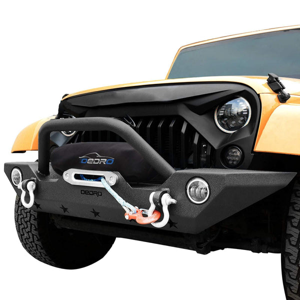 OEDRO Front Bumper Combo Compatible for 07-18 Jeep Wrangler JK & Unlimited with Winch Plate Mounting & 2 D-Rings, Upgraded Textured Black Rock Crawler Off Road Star Guardian Design