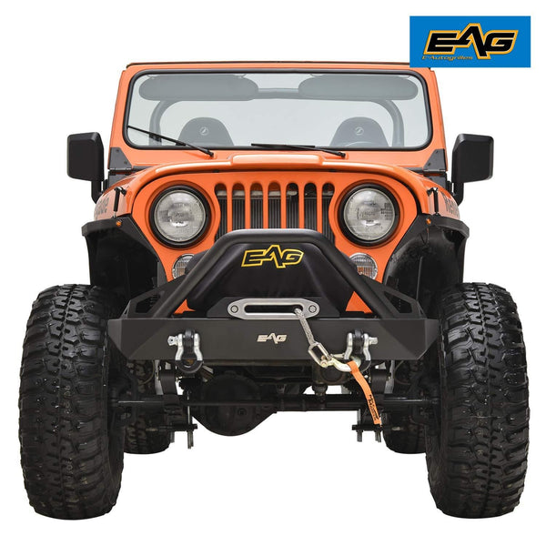 EAG Stubby Front Bumper with Winch Plate and D-Rings Black Textured Fit for 76-86 Jeep Wrangler CJ
