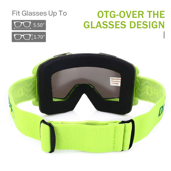 DISUPPO Ski Goggles,Skiing Goggles with Hyperboloid Anti-Fog Dual Lens,100% UV400 Protection, Windproof Impact-Resistant Anti-Glare Snowboard Goggles for Men & Women (Green)