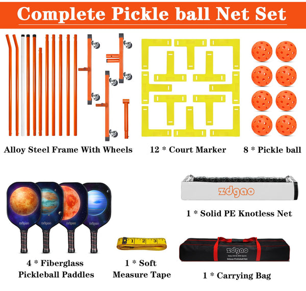 Pickleball Net with Wheels and Court Marking Kit, 22ft Regulation Size Pickleball Net Set with 4 Fiberglass Paddles, 8 Outdoor Pickle Balls and Carry Bag for Backyard and Driveway