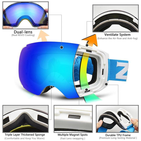 ZIONOR X4 Ski Snowboard Snow Goggles Magnet Dual Layers Lens Spherical Design Anti-Fog UV Protection Anti-Slip Strap for Men Women (VLT 13.67% Light White Frame Grey Revo Blue Lens)
