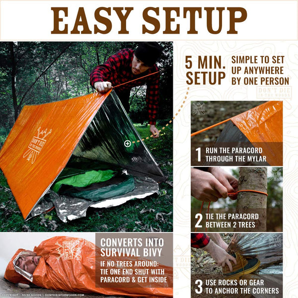 World's Toughest Ultralight Survival Tent • 2 Person Mylar Emergency Shelter Tube Tent + Paracord • Year-Round All Weather Protection For Hiking, First Aid Kits, & Outdoor Survival Gear