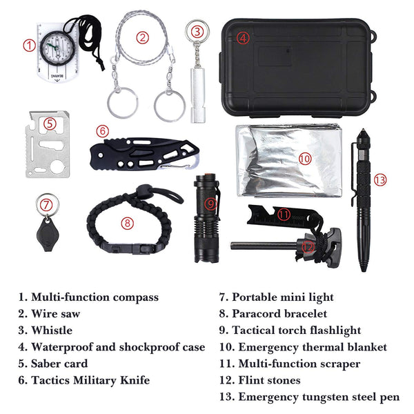 Emergency Survival Kit, 13 in 1 Outdoor Survival Gear, Lifesaving Tools with Military Compass, Saber Card, Whistle, for Travel Hike Field Camp，Father's Day, Boyfriend, Boy Scout's Best Gift