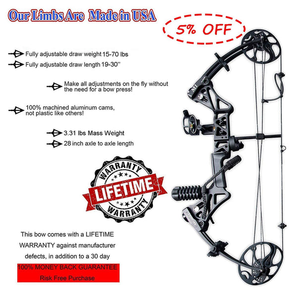 XGEEK Compound Bow，Compound Hunting Bow Kit，Limbs Made in USA，19"-30" Draw Length,19-70Lbs Draw Weight，Up to 320FPS， (2 Years Warranty)