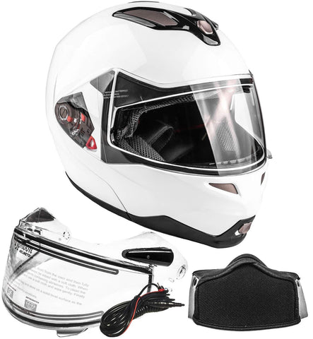 Typhoon Dual Visor Modular Full Face Snowmobile Helmet With Heated Shield, Breath Box (White, Small)