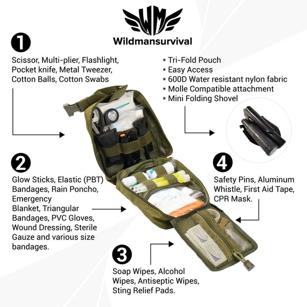 WildmanSurvival 313 pcs. Survival First Aid Kit IFAK Molle System Compatible Outdoor Gear Emergency Kits Trauma Bag for Camping Hunting Hiking Home Boat Car Earthquake and Adventures (GREEN)