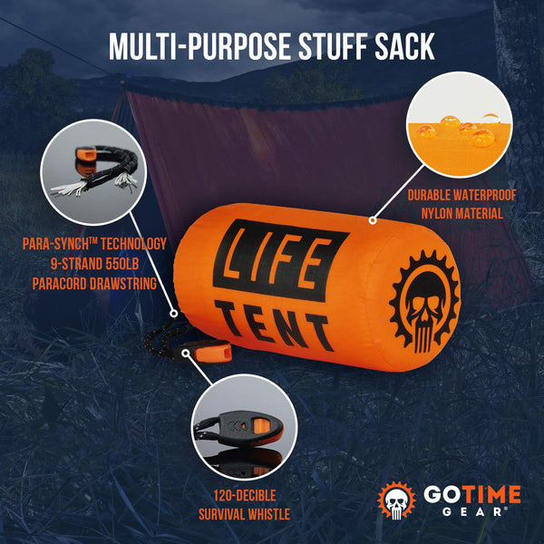 Go Time Gear Life Tent Emergency Survival Shelter - 2 Person Emergency Tent - Use As Survival Tent, Emergency Shelter, Tube Tent, Survival Tarp - Includes Survival Whistle & Paracord (Orange)