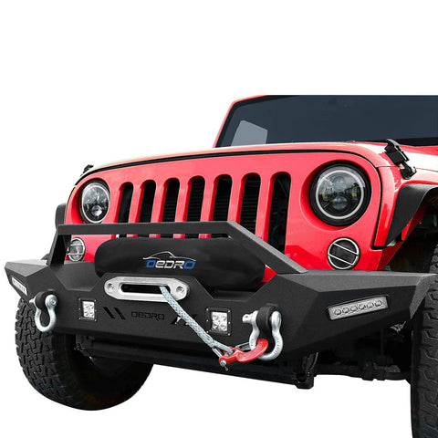 oEdRo Front Bumper, Compatible for 2007-2018 Jeep Wrangler JK & Unlimited, Rock Crawler Bumper with Winch Plate Mounting & 4 x LED Lights & 2 x D-Rings Off Road