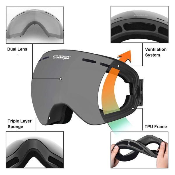 Soared Ski Snowboard Goggles Winter Snow Glasses Double-Layer Spherical Lenses UV400 Anti-Fog OTG Eyewear for Men Women Grey