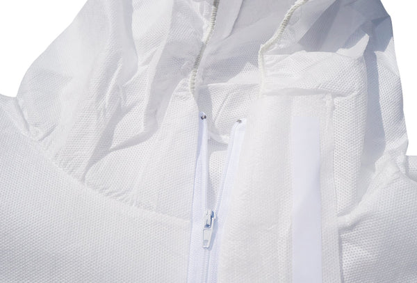 Raygard 30303 SMS Disposable Hooded Coveralls Suit Dust Chemical Protective Elastic Wrist, Ankles, Waist Zipper Front Closure for Spray Painting Medical Cleaning Work(2X-Large,White)