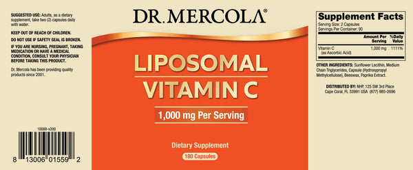 Dr. Mercola Liposomal Vitamin C Dietary Supplement, 1,000mg per Serving, 90 Servings (180 Capsules), Immune Support, Non GMO, Soy Free, Gluten Free