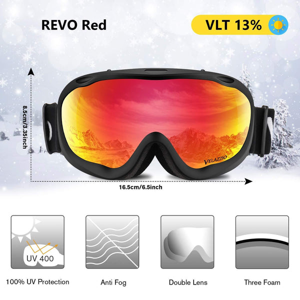 VELAZZIO Ski Goggles, Snowboard Goggles - Spherical Double Layer Anti-Fog 100% UV Protective Lens, Hydrophobic and Oleophobic Coating, Helmet Compatible, Medium Fit Snow Sports Goggles Men & Women