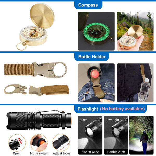 KITPIPI Survival Gear Kit 27 Pieces Outdoor Survival Tool Emergency Camping Gear with Compass Flintstones Saber Card Styptic for Adventure Outdoors Sport Best Gift for Men Boys