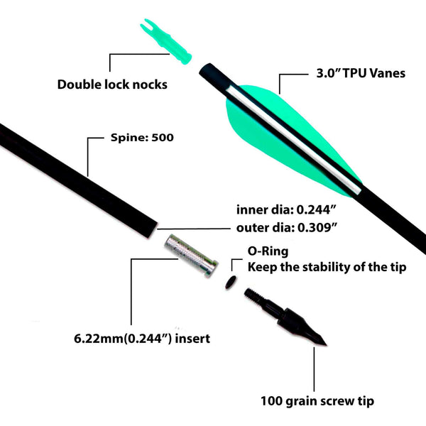 KESHES Archery Carbon Hunting Arrows for Compound & Recurve Bows - 30 inch Youth Kids and Adult Target Practice Bow Arrow - Removable Nock & Tips Points (12 Pack)